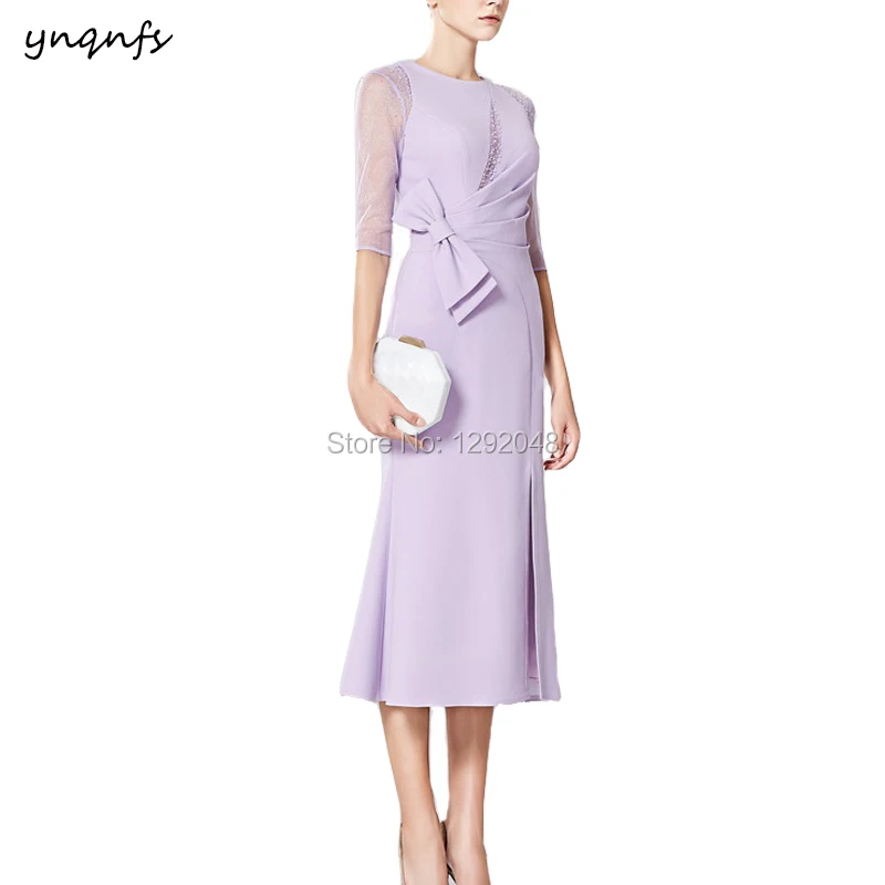 

YNQNFS MD201 Vintage Half Sleeves Big Bow Tea Length Mother of the Bride Dresses Groom Outfits Lilac Guest Party Dress 2019
