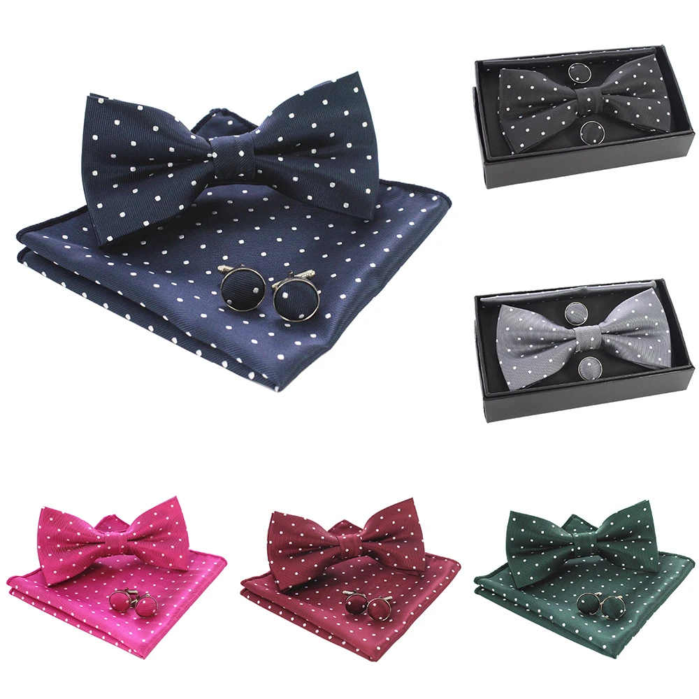 

JEMYGINS Men's Bow Tie Pocket Square Cufflinks Gift Set Polka Dot Champagne Bow Tie Hanky Cuff Set Suitable for Wedding Party