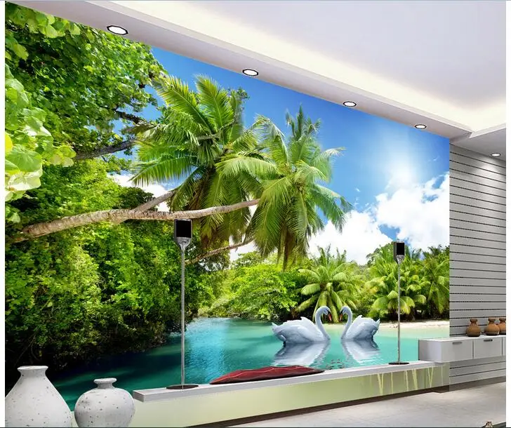 

3d обои на заказ, фотообои, нетканые кокосовые деревья, лебедь, озеро, фон для телевизора, настенная живопись, обои для стен гостиной 3d
