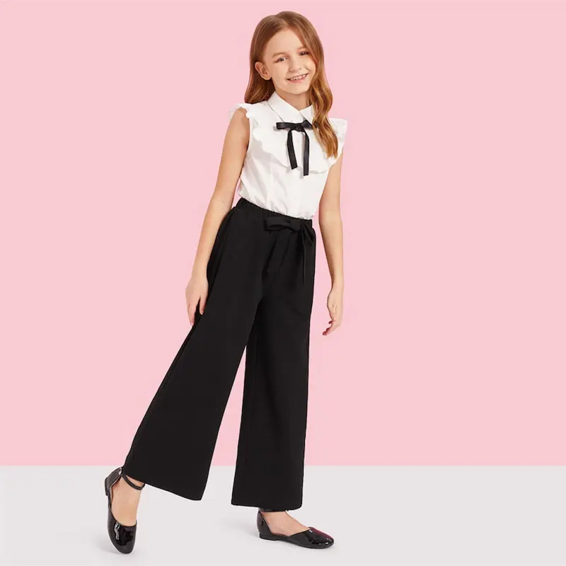 SHEIN Блузка С Оборкой И Брюки С Поясом Комплект Для Девочек Контрастный Нарядный Комплект Для Девочек