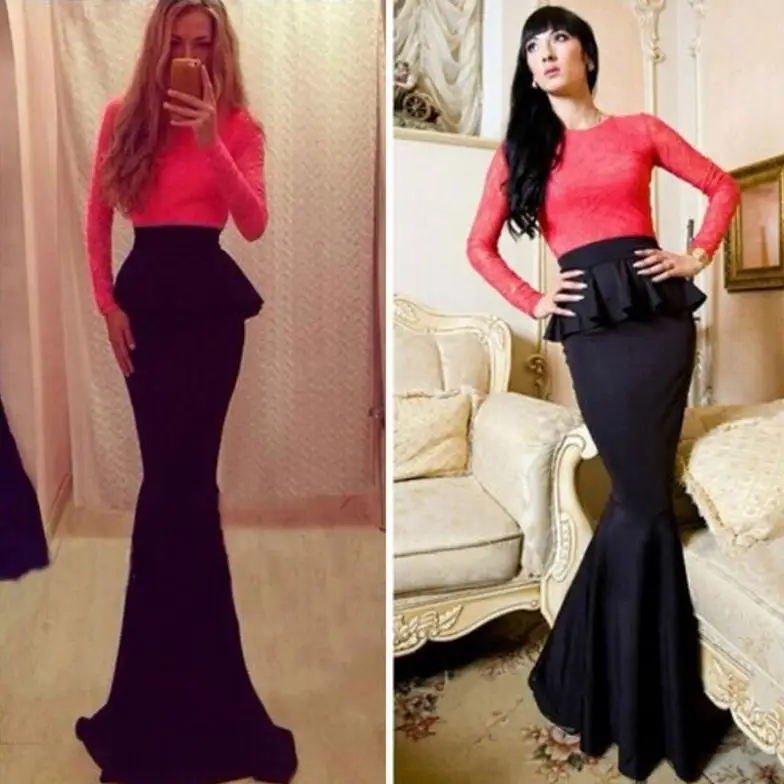 Women Lace Long Sleeve Round Neck Red Tops Splice Slim Black Evening Party Formal Dress Vestido De Festa DRES #67972|dresses spring|dress