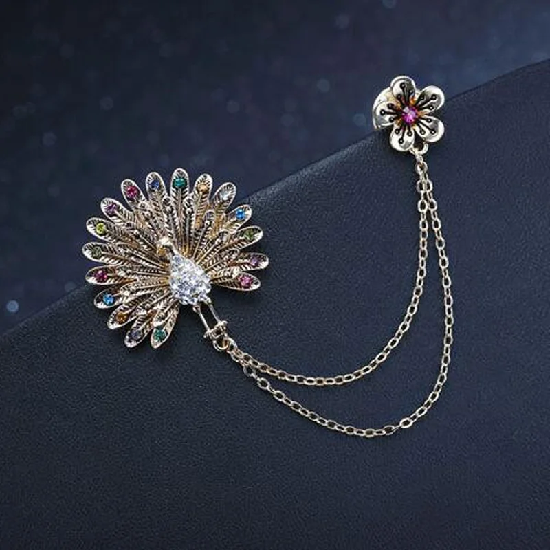 Ретро Стразы Цветок гордый Павлин Двойная Цепочка для женщин ярлык