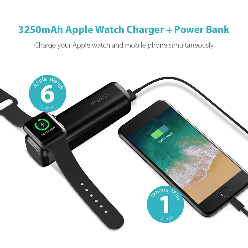 Беспроводное зарядное устройство Romoss iRoll 3250 мАч для Apple Watch два порта 2 А выход