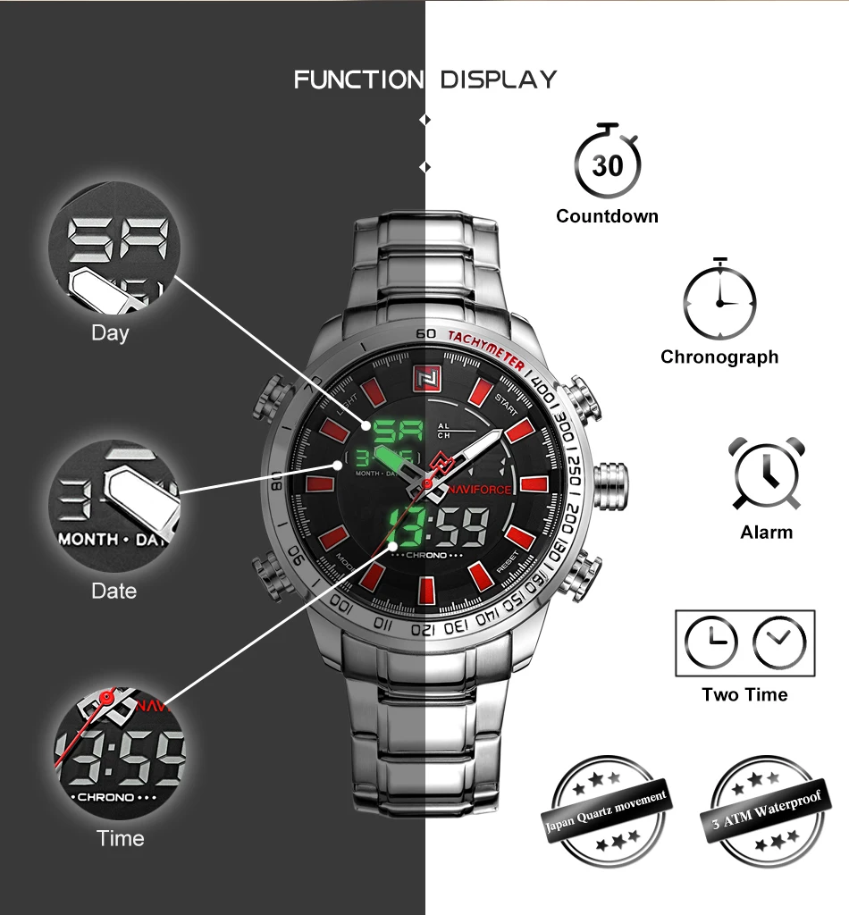 NAVIFORCE роскошные мужские военные модные спортивные часы со стальным Ремешком мужские s светодиодный аналоговые цифровые часы Мужские кварцевые часы Relogio Masculino