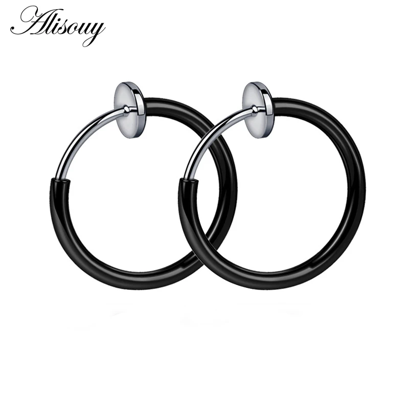 

Alisouy 2Pc Medical Titanium color Black Hoop rings clip on ear jewelry Body Fake Piercing women men Hoop earring 10-18mm