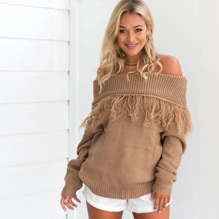 Off Shoulder Women Sweaters Pullovers Jersey Autumn Winter Oversized Knitted Sweater Long Sleeve Jumper Runway Tassel | Женская одежда