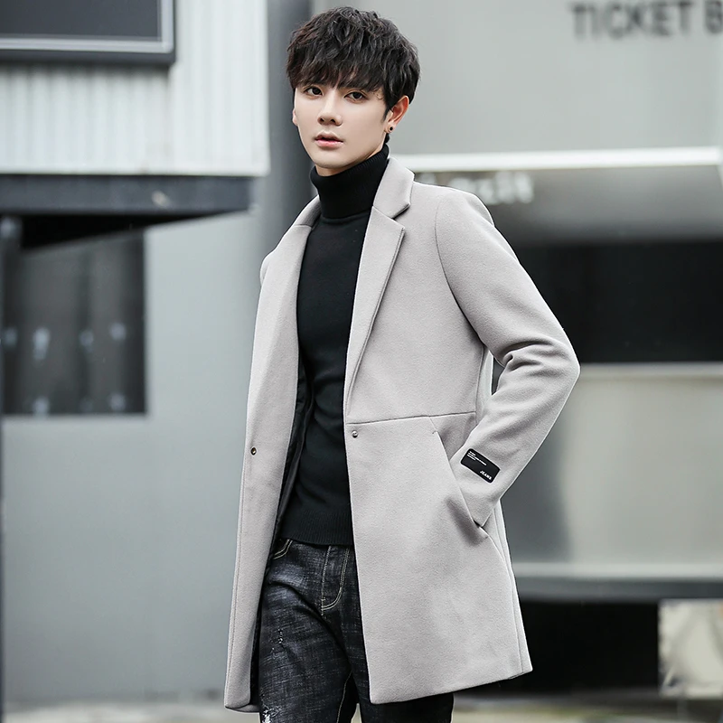 

2019 New Pure Color Long-sleeved Woolen Coats Men Size 5XL Business Casual Warm Dress Coat man