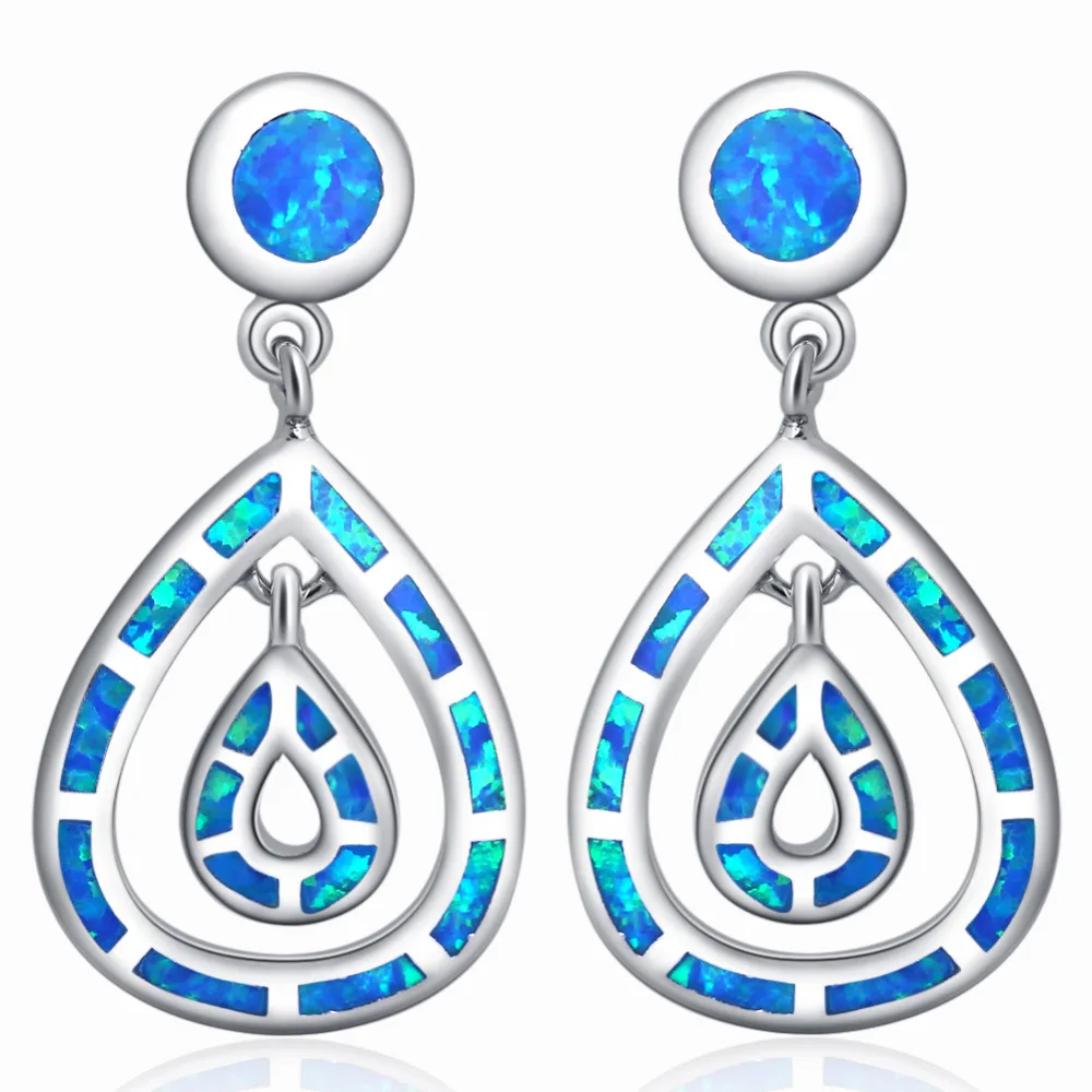 ROLILASON Trendy water drops earring silver plated stamped blue fire opal Drop Earrings fashion Jewelry OE741 | Украшения и