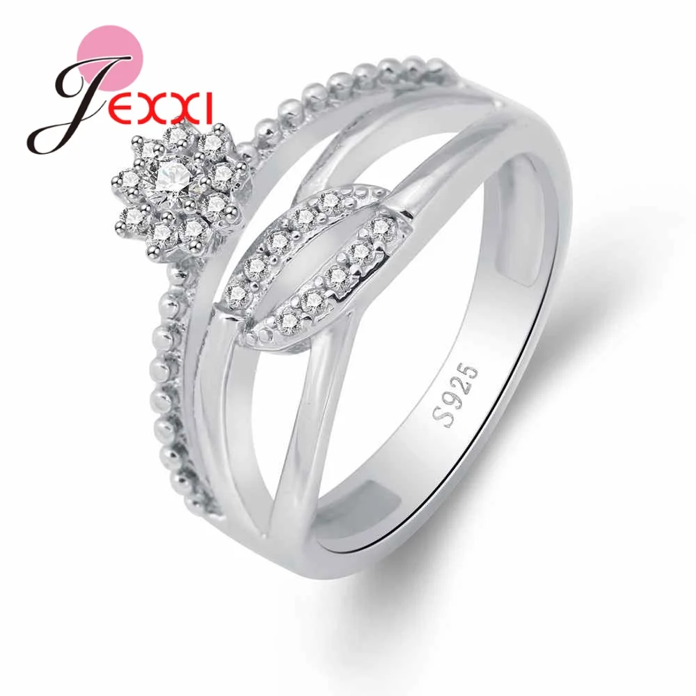 

Women Wedding Jewelry Vintage Sparkly 925 Sterling Silver White Flower Crystal Rhinestone Lovers' Gift Charms Ring Bijoux