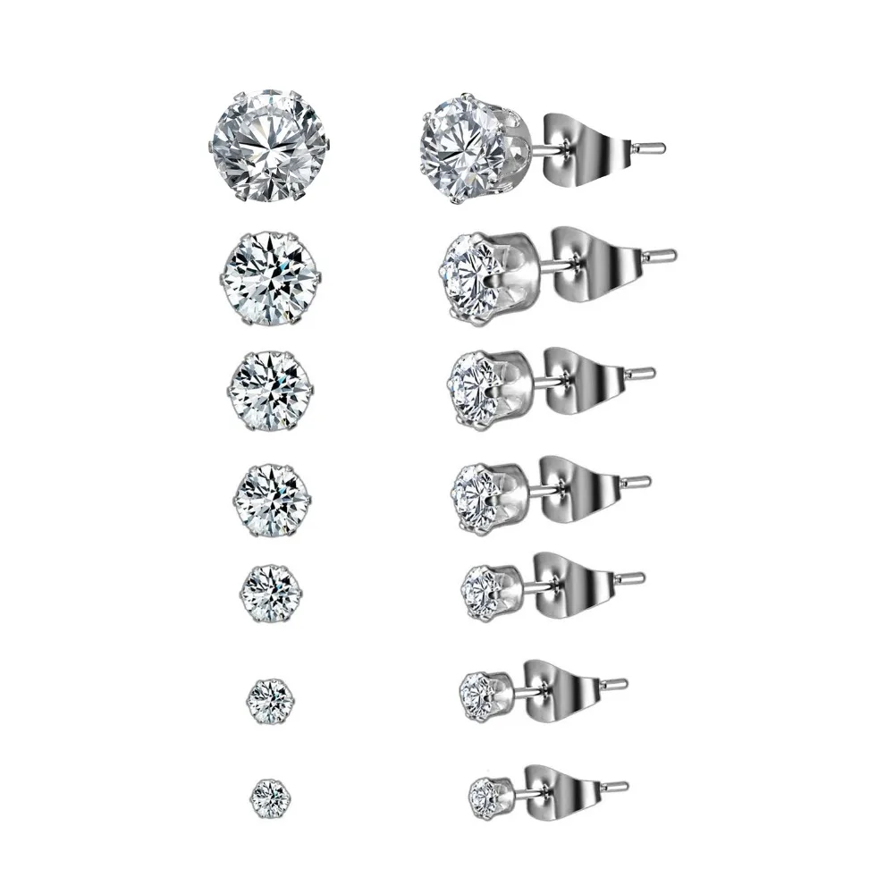 

2 Pairs Silver Color Round Stud Earrings For Women CZ AAA Zircon Ear Piercing Studs Surgical Steel Jewelry 3mm-10mm Women Gift
