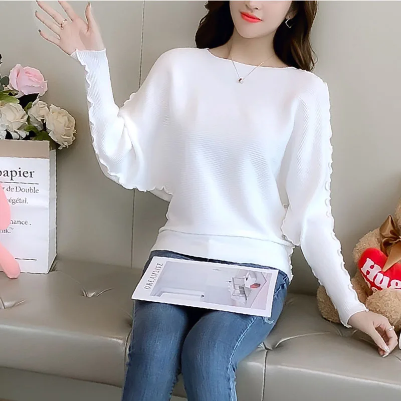 Женский трикотажный пуловер с рукавом летучая мышь и круглым вырезом | Женская