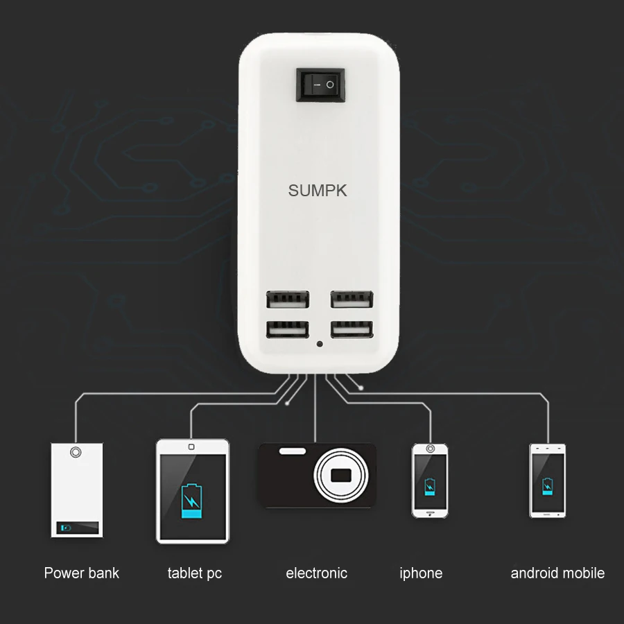 SUMPK 5V3A 4 порта USB зарядное устройство EU/US вилка USB настенное зарядное устройство Быстрая зарядка для samsung переключатель включения/выключения мобильного телефона зарядное устройство
