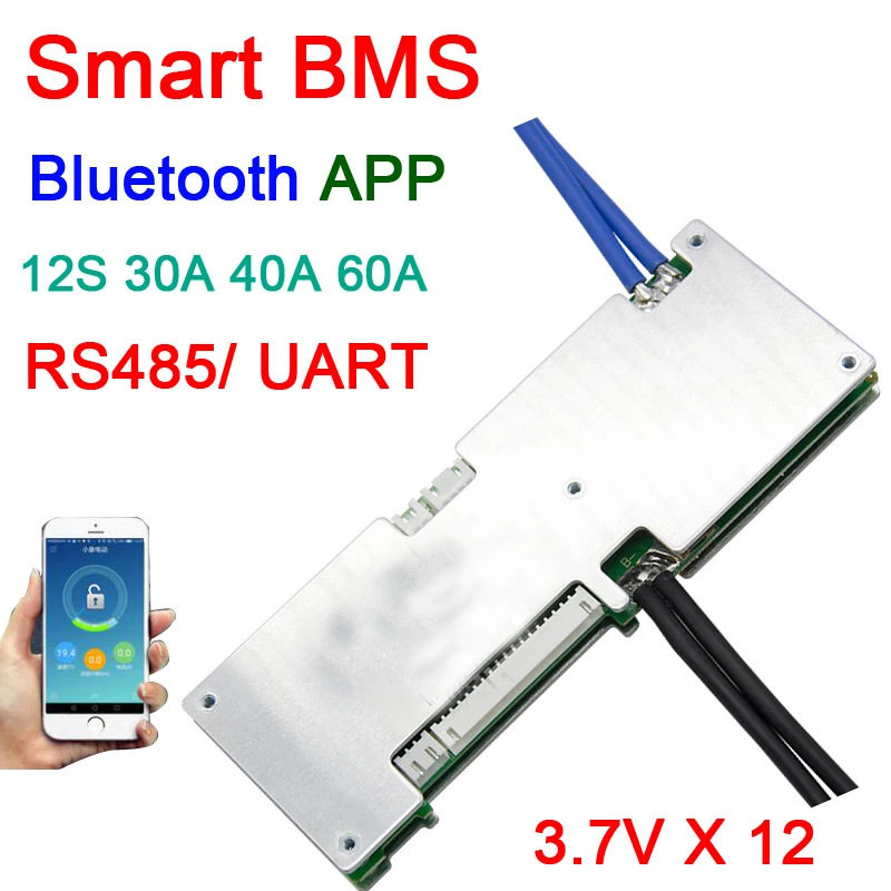 

smart 12S 30A 40A 60A Li-ion lithium battery protection board W/ balance bms Bluetooth APP RS485 UART software monitor 3.7VX12