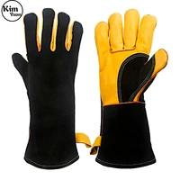 kim yuan 100 pair 040leather welding gloves heatfire resistant for welderovenfireplaceanimal handlingbbq brown 14in