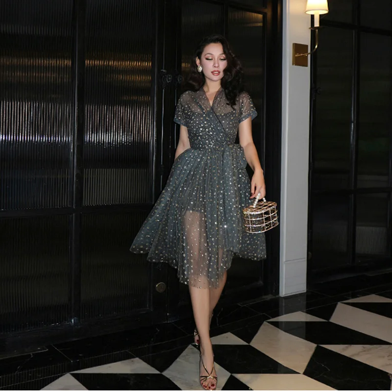

Le Palais Vintage Stylish Gradient Gray Sequins See Through Mesh Dress High Rise Dazzle Gold Gilding Wrapped Dress 2019 Summer