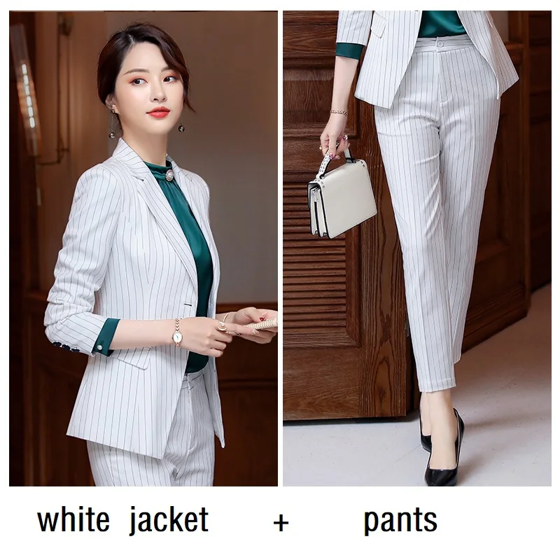 white jacket pants Женские костюмы, приталенный пиджак в полоску с длинным рукавом, платье, комплект из 2 предметов, OL, официальные женские платья, костюмы, женский комплект, костюмы 871 - Цвет: white jacket pants