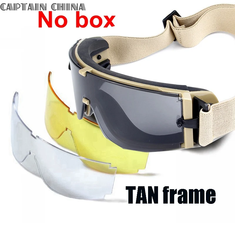 no box tan frame Военные очки 3 линзы тактические армейские солнцезащитные очки Пейнтбол страйкбол охотничьи боевые тактические очки - Цвет: no box tan frame