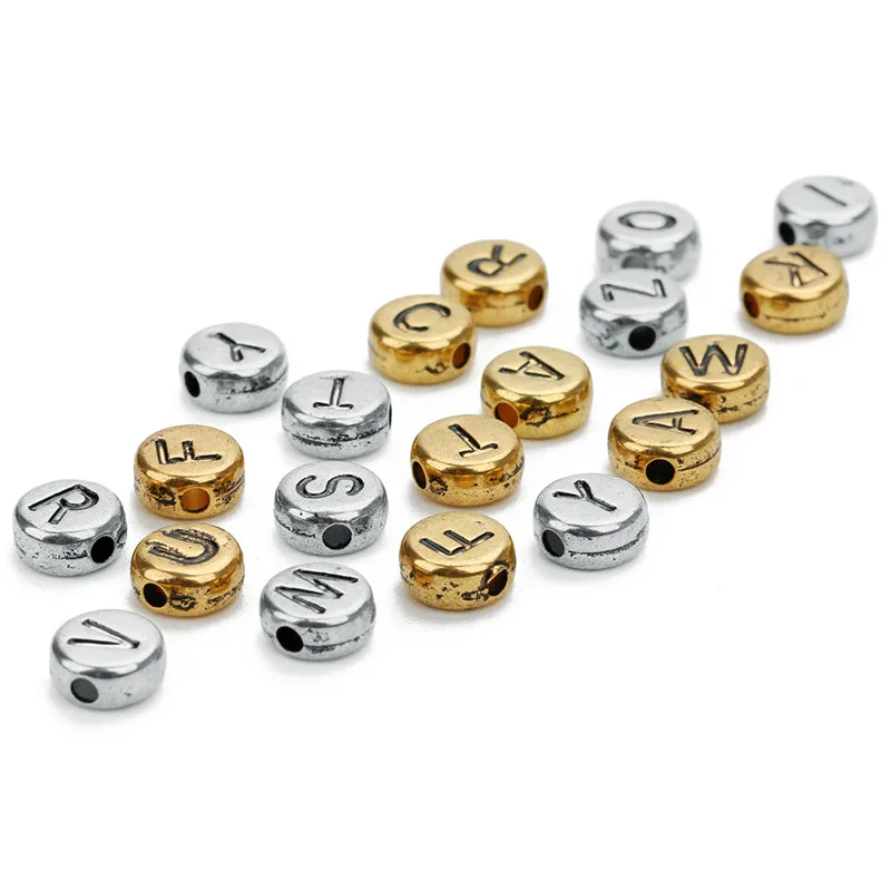 

SAUVOO 100Pcs/lot 7mm Diameter Round Flat Alphabet Letter Beads Gold Color 1.5mm Hole Acrylic Spacer Beads For Jewelry Making