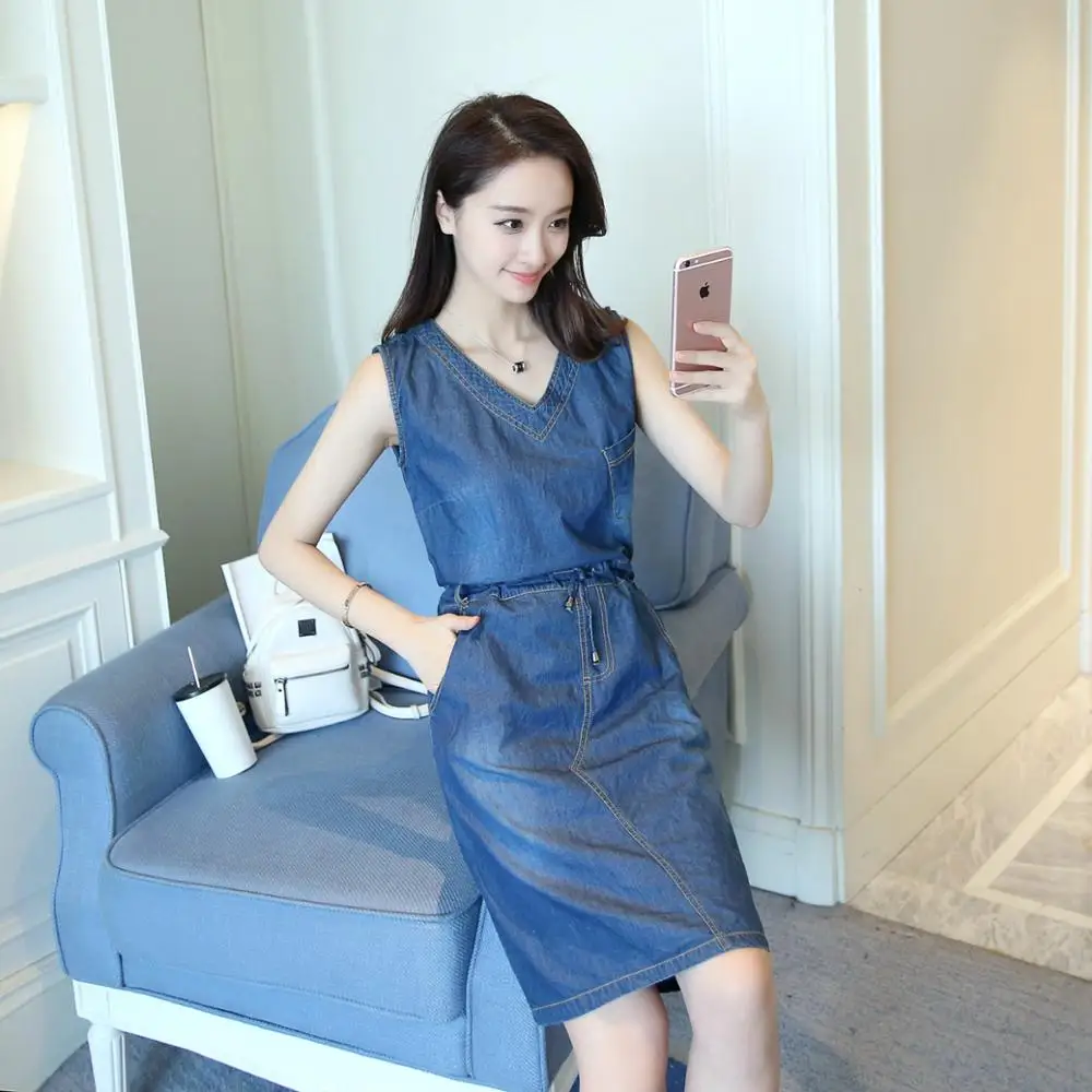 Новинка лета 2017 платье без рукавов облегающее повседневное джинсовое