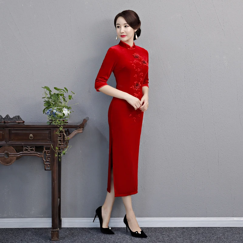 S-5XL велюр Cheongsam Весна Традиционный китайский стиль длинное платье женские воротник-стойка Qipao тонкий Платья для вечеринок Vestido