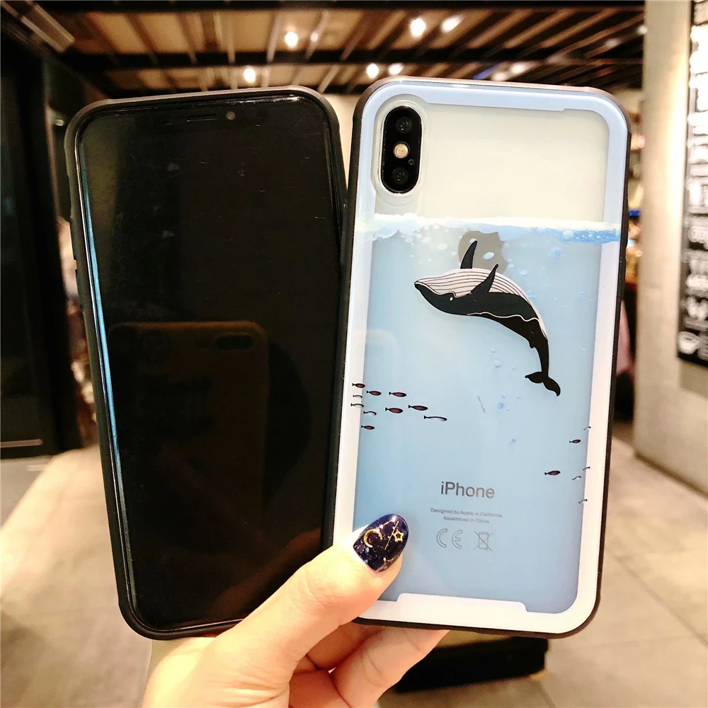 Cases for Iphone 7 Lovely Sea Whale Dolphin Phone Case 7Plus Soft TPU Edges Transparent Tempered Glass Cover Capa |