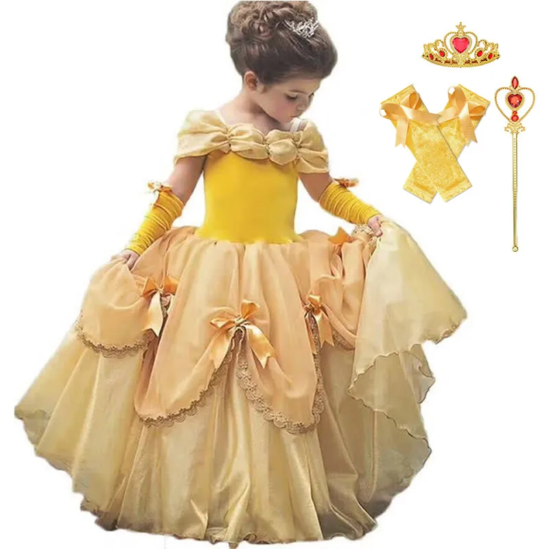 Belle Dress Sets 1 Платье принцессы Белль; нарядное платье для девочек; многослойное вечернее желтое бальное платье; нарядное платье для детей; кружевные карнавальные наряды с бантом - Цвет: Belle Dress Sets 1