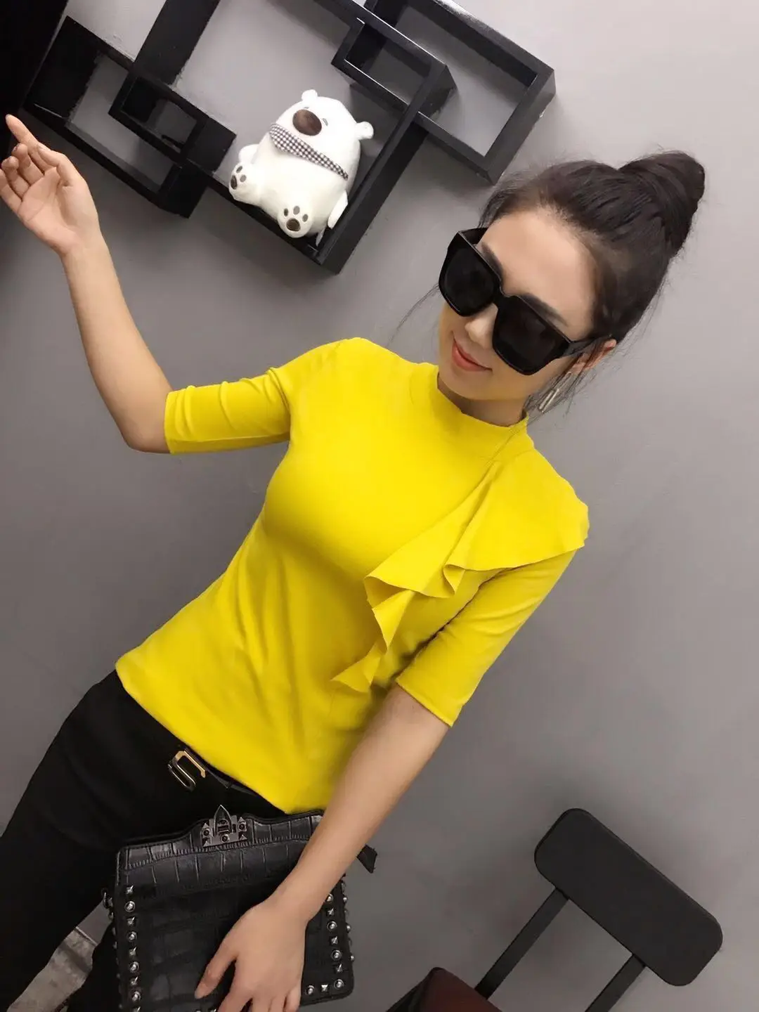 2020 Spring Half Sleeve O Neck Ruffles Cotton T-shirts Women Fashion Body Colorful Bodycone Tops | Женская одежда