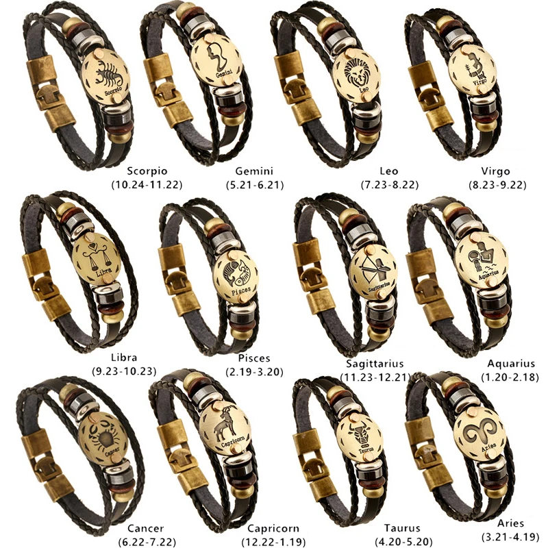 CKW Twelve Zodiac Man Leather Bracalete Vintage Zinc Alloy Unisex Charm Bracelets Mens Jewellery 2018 for Women | Украшения и