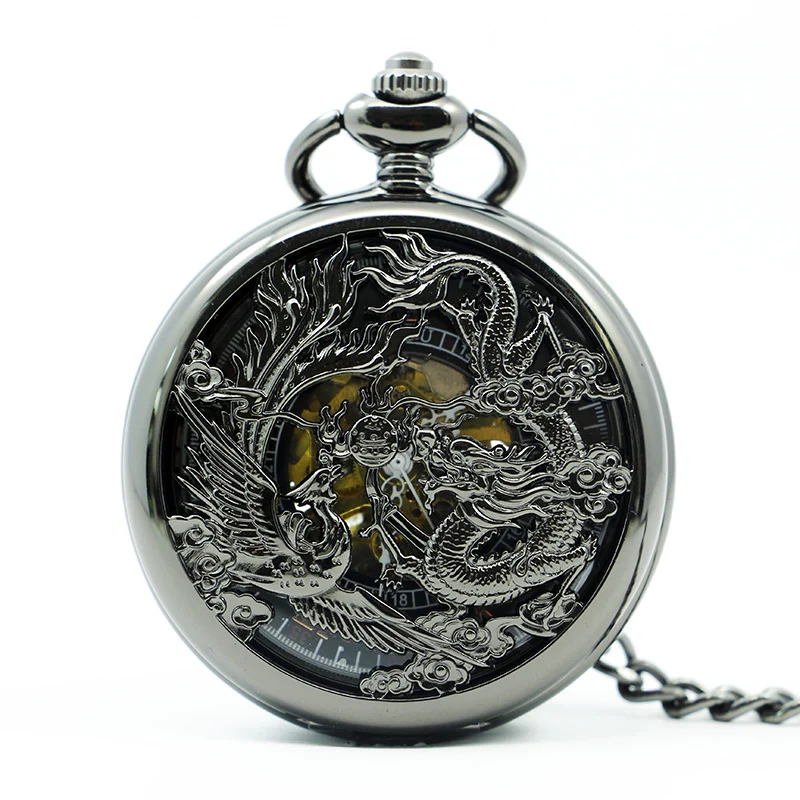 

Vintage Classic Skeleton Pocket Watches Alloy Chinese Flying Dragon&Phoenix Hand Wind Mechanical Pocket Watches with FOB Chain