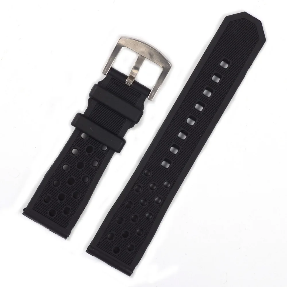 Ремешок силиконовый для наручных часов 22 мм серебристый и черный|black buckle|silicone rubber