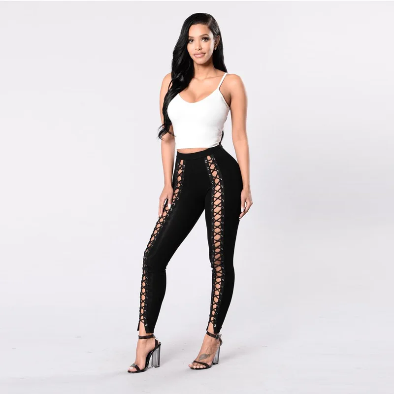 Casual Leggings Women bandage High Waist Leggings Color Block Spring Autumn Sexy long Pants Leggings white black