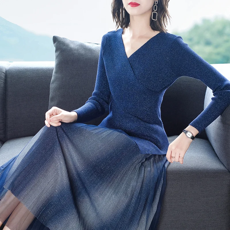 Женское Плиссированное блестящее облегающее синее платье с V образным вырезом и