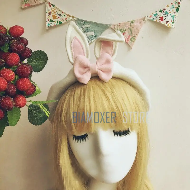 

Biamoxer Cute Lolita Hats Mori Girl Rabbit Ears Beret Painter Cap Simple Sweet Preppy Cute Birthday Gift A Women Beret Hat