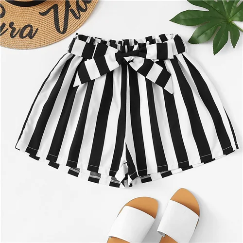 Black and White Sheinside, шорты в клетку с завязками на талии, летние прямые шорты для женщин с эластичной резинкой на талии, офисные женские элегантные шорты - Цвет: Black and White