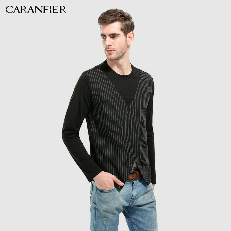 CARANFIER 2018 New Man T-shirts Patchwork Casual Simply Male T-shirt O-Neck Plaid Long Sleeve Fashion Slim Fit Pullover Men Tees | Мужская
