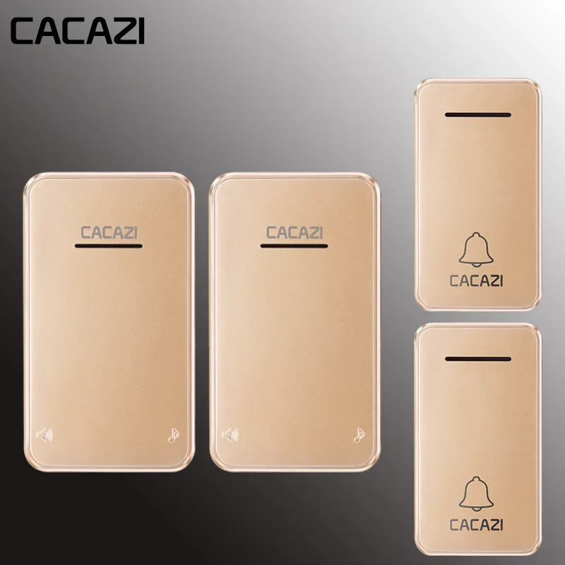 gold2x2 Водонепроницаемый Домашний Беспроводной дверной звонок CACAZI с автономным питанием, 200 м, пульт дистанционного управления, без батареи, светодиодный светильник, звонок-кольцо, ЕС вилка 48 - Цвет: gold2x2