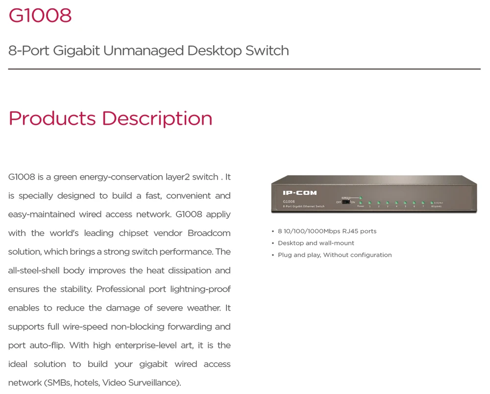 G1008 8*10/100/1000 Мбит/с адаптивной RJ45 Порты коммутатор Gigabit Ethernet, Ethernet сетевой коммутатор Gigabit, Auto MDI/MDIX