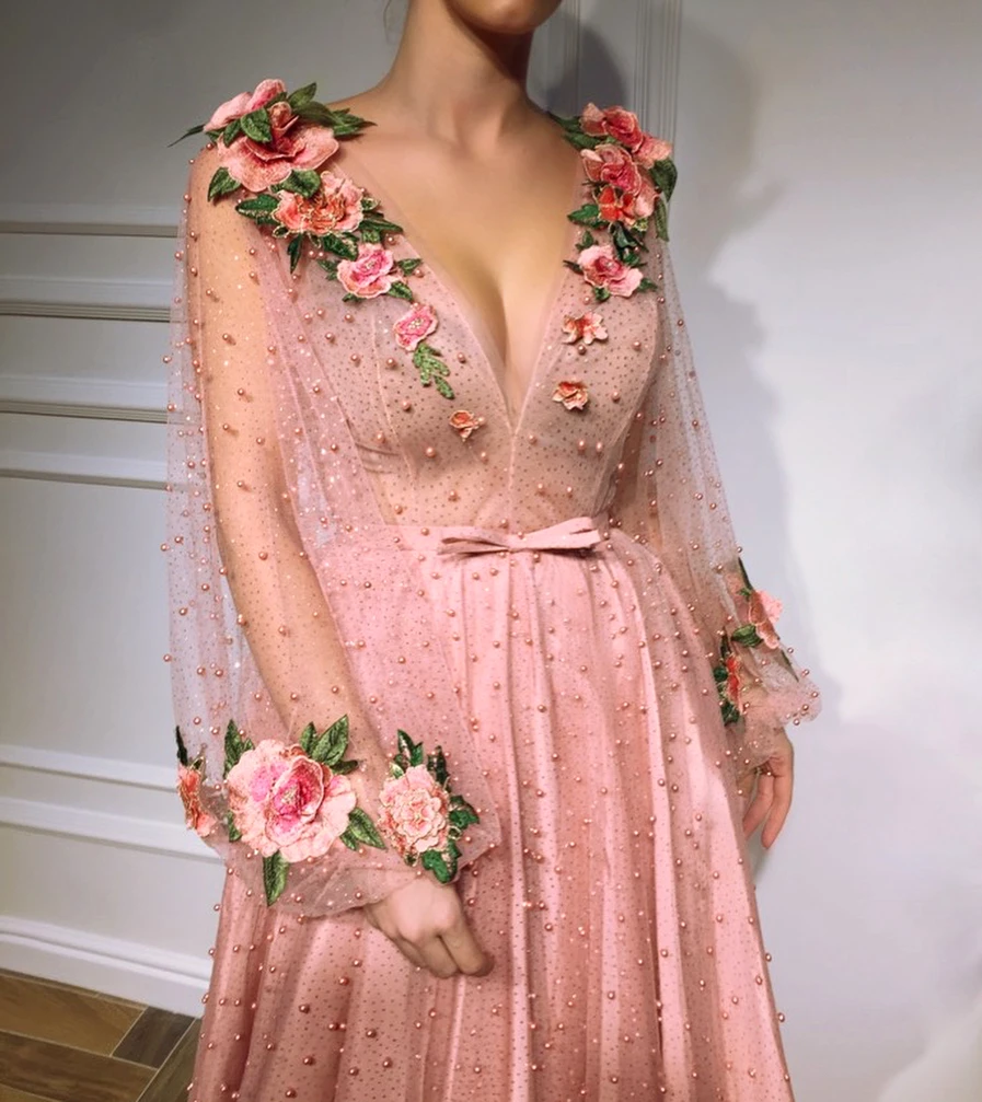 

Gorgeous Saudi Arabia Pink Evening Dresses with Long sleeves Pearls Flowers Sexy v neck Prom Dress vestido de festa formal gowns