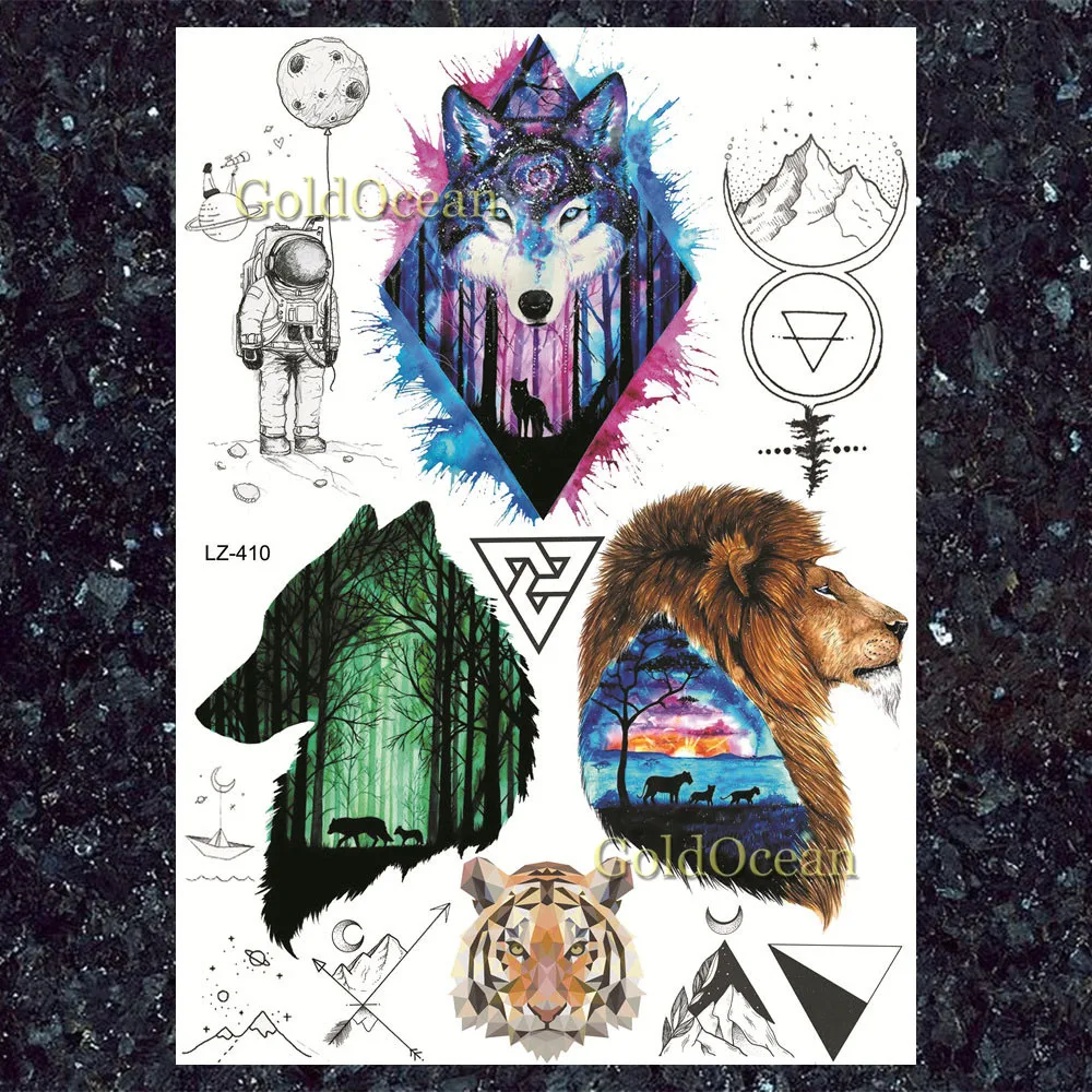 Золотой Океан Черный Рукав Мерцающий Тигр Женские Геометрические Татуировки Наклейки Мужской Грудь Волк Тату временного алмазного пика Мотыль Татуировки.