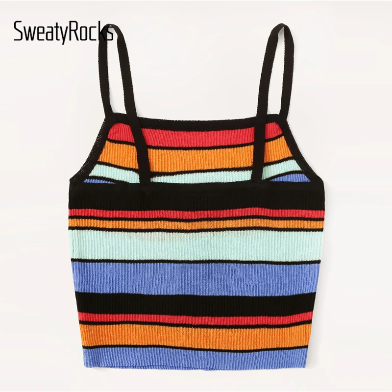 SweatyRocks/женский трикотажный топ в радужную полоску, лето, уличная одежда, Стрейчевые женские короткие топы в стиле бохо, облегающие разноцветные сексуальные майки
