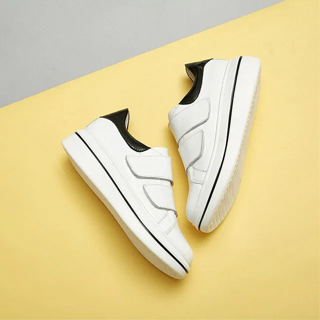 Платформа Кроссовки Женщины Hook &amp Loop Черный Белый Натуральная Кожа смешанный