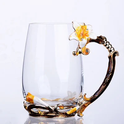 

Elegant 330ml 350ml Colored Enamel Crystal Glass Cup with Lily Handle Glass Flower Tea Mug Gift Box Package for Valentine DEC195