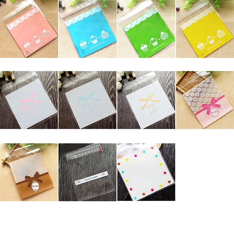 

50Pcs 10*10cm Cute Bow Cake Gift Packages Bags Plastic Candy Cookies Biscuits Bags Self Adhesive Wedding Birthday Party