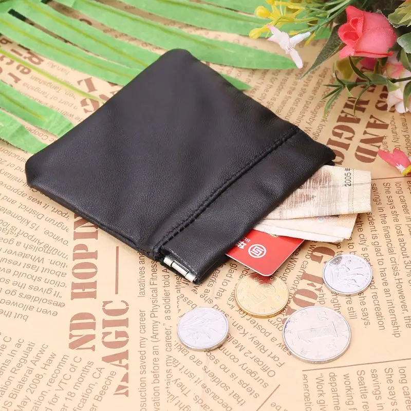 

Men Ladies Genuine Leather Coin Pouch Snap Top Purse Strong Metal Spring Closure Small Change Bag Black Color 9x9cm