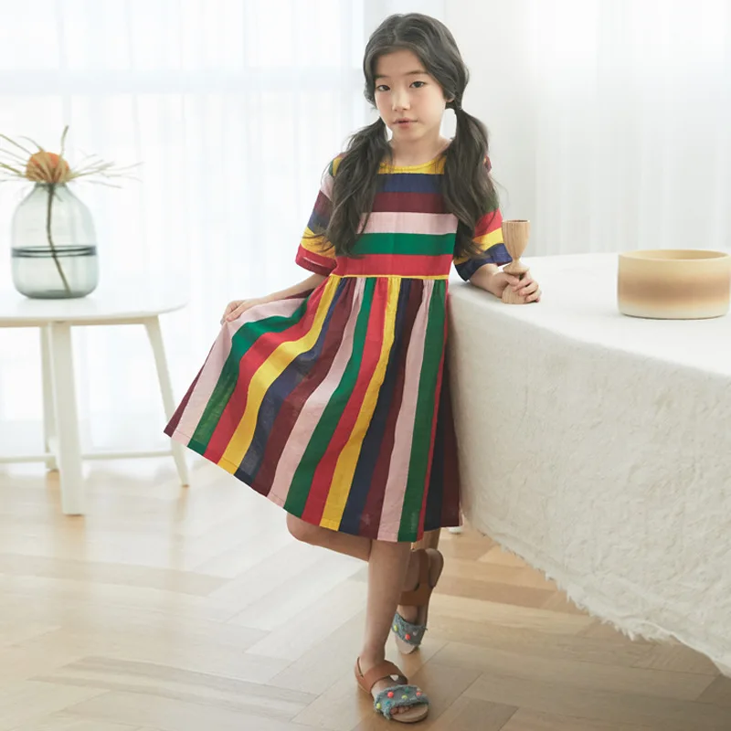 Youth Girl Rainbow Dress Brand Designer Casual Korean Children Summer Cotton Fabric Short Sleeve Clothes For 13 Years | Детская одежда