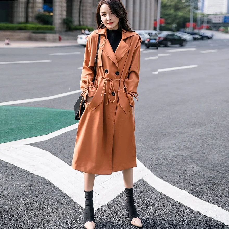 

Autumn Women Long Trench Coat Waist Drawstring OverCoat Double breasted elegant fashion Windbreaker female Outfit Roupas S-XXXXL