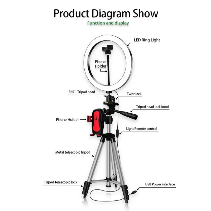 Ring Fill Light Dimmable LED Studio Camera Video Light Annular Lamp with Tripod Phone Clip for Smartphone Selfie Live Show