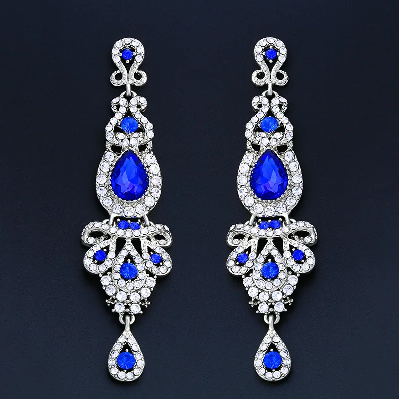 royal blue Большие длинные золотые серьги-капли с кристаллами, свадебные серьги для невесты, подружки невесты, свадебные ювелирные изделия, аксессуары ersh41 - Окраска металла: royal blue