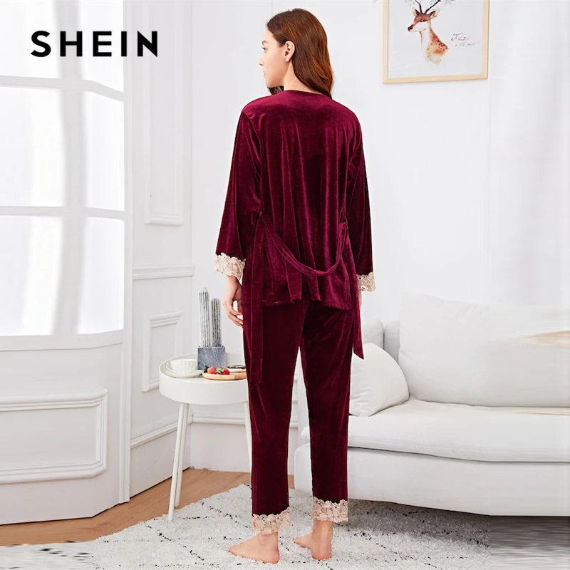 SHEIN Комплект Пижамы Из 3 Предметов Пижама С Кружевной Контрастной