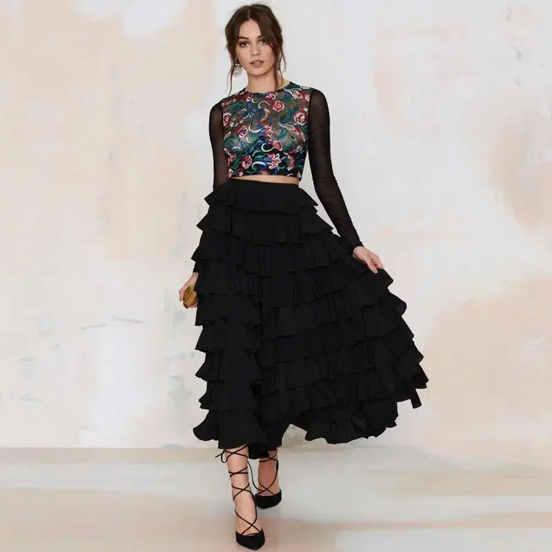 Юбка макси трапециевидная женская многоярусная модная длинная юбка клеш